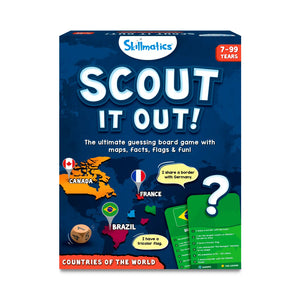 Scout It Out world map board game box with country clues for ages 7 and up
