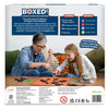 The back of Skillmatics Boxed! game packaging displaying the gameplay instructions and key features. It explains how to take turns placing magnetic pieces on the grid to claim boxes, use strategic decision-making, and compete to capture the most boxes. The box also highlights the game’s contents: double-sided magnetic board, magnetic dots and pieces, a cloth bag, and a manual.