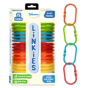 Packaging for Skillmatics Linkies toy set showing 15 colorful connectable plastic links arranged vertically inside a cream-colored box. The box displays the Skillmatics logo, age range 10–24 months, and icons highlighting travel-friendly use, BPA-free material, and fine motor skill development. Beside the box, a vertical chain of orange, green, blue, red, and yellow links is shown.