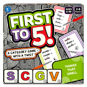 Board game for 2-8 players aged 8+ titled First to 5 with a fun category twist