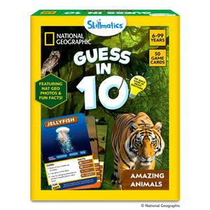 Front view of the Skillmatics “Guess in 10: Amazing Animals” game box with a yellow border and jungle background. The National Geographic logo appears at the top, along with labels reading “6–99 Years” and “50 Game Cards.” A tiger is shown walking forward, sample animal cards are displayed, and badges highlight Nat Geo photos, fun facts, and fast-paced guessing gameplay.