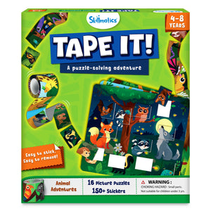 Skillmatics Tape It! Animal Adventures puzzle game box for kids aged 4–8 years. The green box shows colourful animal-themed puzzles featuring a fox, owl, raccoon, and wolf in a forest scene. Includes visuals of patterned tape rolls, puzzle cards, and sticker illustrations. Text reads “Easy to stick. Easy to remove!” with 16 picture puzzles and 150+ stickers included.