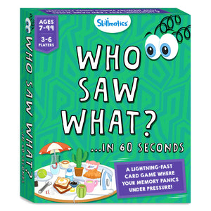 Front view of the Skillmatics game box titled “Who Saw What? …In 60 Seconds.” The box has a green patterned background with playful illustrated eyes at the top. A purple badge shows “Ages 7–99” and “3–6 Players.” At the bottom, a busy illustrated tray shows everyday objects like toast, milk, iron, cactus, tennis ball, umbrella, cups, and tools. A purple callout reads “A lightning-fast card game where your memory panics under pressure!”
