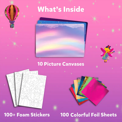 Children’s art activity kit with picture canvases foam stickers and colorful foil sheets