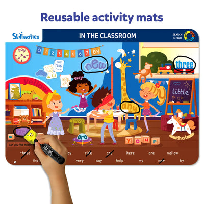 Interactive classroom scene activity mat with sight words for ages 3-6