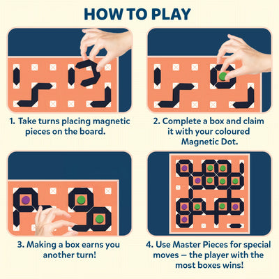 Step-by-step gameplay instructions for Skillmatics Boxed! displayed with images showing the process. The instructions include: 1) Take turns placing magnetic pieces on the board, 2) Complete a box and claim it with a coloured magnetic dot, 3) Making a box earns another turn, and 4) Use master pieces for special moves. The final image shows the completed board with claimed boxes and colourful dots.