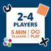 Skillmatics Boxed! game promotional image showing its core features. The text highlights “2-4 Players,” “5 Min to Learn,” and “Infinite Play,” along with symbols and icons representing the game’s colourful magnetic dots and pieces. The image includes a magnetic board, pieces in purple, blue, pink, and green, emphasizing its ease of learning and endless fun.
