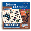 The front of the Skillmatics Boxed! game box, showing the magnetic dots and boxes game. The box design features a colourful orange game board with magnetic pieces and dots in varying colours (purple, green, pink, blue). The tagline “Easy to play, hard to put away!” is featured along with the warning
