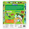 Back of Skillmatics Tape It! Animal Adventures box showing detailed product overview. Text invites kids to explore puzzles through jungles, oceans, and grasslands using easy-to-tear tape. Includes visuals of tape rolls, puzzle boards, and hands placing missing pieces. Side panels feature animal icons, while a skill chart lists Fine Motor, Spatial Reasoning, Logical Reasoning, Observation, Decision Making, and Critical Thinking skills.