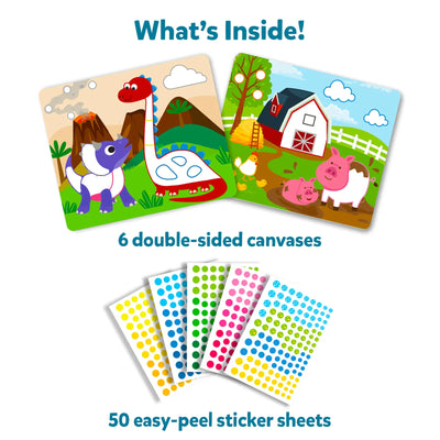 Children’s activity kit with double-sided dinosaur and farm canvases and 50 peel-and-stick sheets