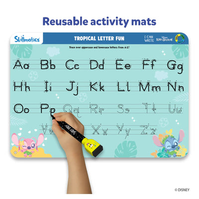 Reusable activity mat for tracing uppercase and lowercase letters featuring Disney’s Stitch characters