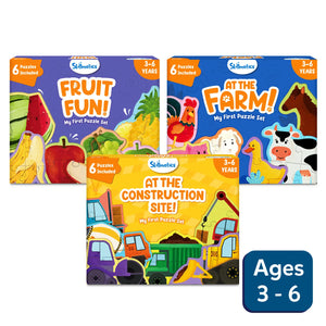 Educational puzzle set for children featuring fruits, farm animals, and construction vehicles
