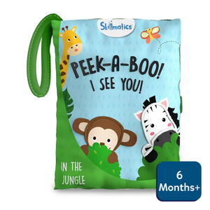 Soft fabric jungle-themed baby book with animal characters for ages 6 months+