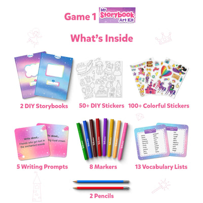 Children’s storybook art kit with DIY storybooks, stickers, prompts, markers, and pencils