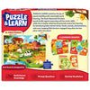 Back of the Skillmatics Puzzle & Learn All About Farm Animals box showing the completed 25-piece puzzle, puzzle dimensions, sample learning boards, reference sheet, and educational features. Highlights activities that build animal knowledge, vocabulary and prompt questions for children aged 3–7.