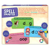 Back panel of Spell Smarter box explaining guided spelling progression from CVC words to Word Families and Blends & Digraphs. Sample cards show “dog,” “doll,” and “scoop” with fill-in blanks and illustrations. Callouts note Bright Illustrations, Write & Wipe Cards, and Fill in Missing Letters, along with a write-wipe-repeat icon.