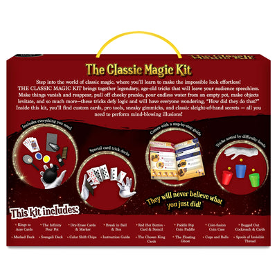 An overview of the back of The Classic Magic Kit box, featuring an exciting description of the kit's contents and its key features. The text outlines the magic tools included such as special card decks, the Infinity Pour, Dry-Erase Cards, and more, along with a mention of the tricks being sorted by difficulty levels. Circles highlight these features, making it easy to understand the depth of magic and skill that the kit offers to budding magicians.