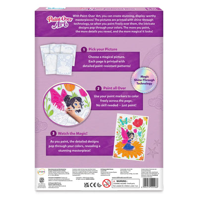 Back of Skillmatics Paint-Over Art box showing instructions and product details. Includes steps: 1 pick your picture, 2 paint all over using markers, 3 watch the magic reveal vibrant artwork. Also shows five magical pictures, ten brush-tip markers, Shine-Through Technology badge and safety panel.
