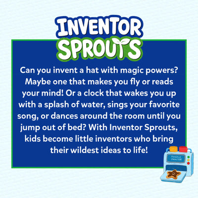 Promotional graphic for Skillmatics Inventor Sprouts featuring a playful description encouraging children to invent magical hats, creative clocks and imaginative machines. The page explains how kids transform creative ideas into inventions, with a colorful pancake printer illustration in the corner.