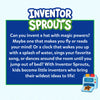 Promotional graphic for Skillmatics Inventor Sprouts featuring a playful description encouraging children to invent magical hats, creative clocks and imaginative machines. The page explains how kids transform creative ideas into inventions, with a colorful pancake printer illustration in the corner.