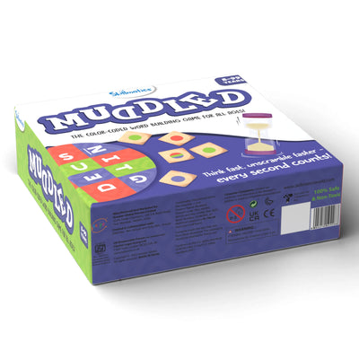 Muddled board game box for a color-coded word building game suitable for ages 6 to 99