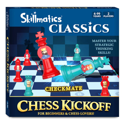 Front-facing product box of Skillmatics Classics Chess Kickoff showing a compact chessboard with red and teal pieces in an action “checkmate” scene. Text highlights “Master Your Strategic Thinking Skills,” ages 4–99, and 2 players. The Skillmatics Classics logo appears at the top, with bold “Chess Kickoff for Beginners & Chess-Lovers” branding at the bottom.