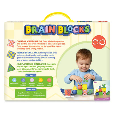 Back of the Brain Blocks box featuring a young child stacking geometric blocks while referencing a challenge card. Text explains gameplay, skill development, and solo exploration. Icons highlight observation, critical thinking, problem solving, spatial reasoning, and fine motor skills. A “Teaches” section lists shape recognition, pattern matching, sequencing, and early geometry.