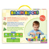 Back of the Brain Blocks box featuring a young child stacking geometric blocks while referencing a challenge card. Text explains gameplay, skill development, and solo exploration. Icons highlight observation, critical thinking, problem solving, spatial reasoning, and fine motor skills. A “Teaches” section lists shape recognition, pattern matching, sequencing, and early geometry.
