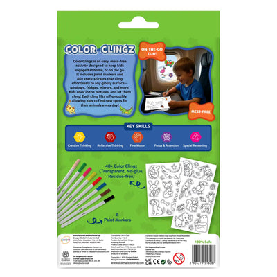 Back of the Skillmatics Color Clingz Amazing Animals box showing product details and usage ideas. A child is pictured coloring stickers on an airplane tray table, with finished clings on the window, labeled “On-the-go fun” and “Mess-free.” Icons highlight key skills such as creativity and focus. The bottom section displays 8 paint markers, 40+ transparent static stickers, safety information, and certification logos.