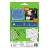 Back of the Skillmatics Color Clingz Amazing Animals box showing product details and usage ideas. A child is pictured coloring stickers on an airplane tray table, with finished clings on the window, labeled “On-the-go fun” and “Mess-free.” Icons highlight key skills such as creativity and focus. The bottom section displays 8 paint markers, 40+ transparent static stickers, safety information, and certification logos.