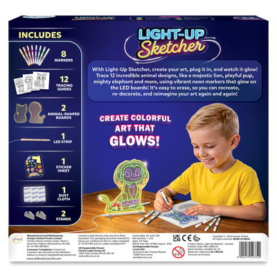 Light-Up Sketcher Animals product back packaging showing included 8 markers, 12 tracing guides, 2 animal-shaped boards, LED strip, sticker sheet, dust cloth, and 2 stands. The front shows a child drawing beside a glowing monkey board, with product details and safety markings below.