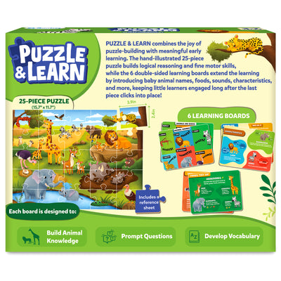Back of the Skillmatics Puzzle & Learn: All About Wild Animals box showing the completed 25-piece puzzle, six educational learning boards, reference sheet, puzzle piece dimensions and key learning benefits. Highlights building animal knowledge, prompting questions and developing vocabulary.
