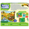 Back of the Skillmatics Puzzle & Learn: All About Wild Animals box showing the completed 25-piece puzzle, six educational learning boards, reference sheet, puzzle piece dimensions and key learning benefits. Highlights building animal knowledge, prompting questions and developing vocabulary.