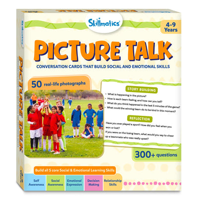 Front view of the Skillmatics Picture Talk conversation card game box for ages 4–9. The packaging features a real-life soccer photo, sample story-building and reflection questions, 50 photo cards, 300+ prompts, and learning areas including self-awareness, social awareness, emotional expression, decision making, and relationship skills.