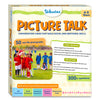 Front view of the Skillmatics Picture Talk conversation card game box for ages 4–9. The packaging features a real-life soccer photo, sample story-building and reflection questions, 50 photo cards, 300+ prompts, and learning areas including self-awareness, social awareness, emotional expression, decision making, and relationship skills.