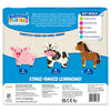 Back of the Skillmatics Bathtime Puzzles Farm Animals box showing three foam animal puzzles including a 3-piece pig, 4-piece cow, and 5-piece horse. The packaging highlights developmental skills, product details, age recommendation of 18 months to 4 years, and safety information.