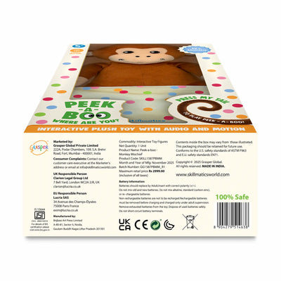 The image shows the back of a dotted cream-colored box containing a visible brown plush monkey behind a clear window. The lower panel lists product details such as manufacturer information, safety icons, batch number, price, and battery instructions. The bottom strip reads “Interactive plush toy with audio and motion.” A barcode, certification logos, and a “100% Safe” label appear on the right.