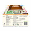 The image shows the back of a dotted cream-colored box containing a visible brown plush monkey behind a clear window. The lower panel lists product details such as manufacturer information, safety icons, batch number, price, and battery instructions. The bottom strip reads “Interactive plush toy with audio and motion.” A barcode, certification logos, and a “100% Safe” label appear on the right.