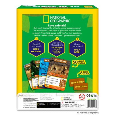 Back view of the “Guess in 10: Amazing Animals” box showing how to play in three steps: read buzzwords, ask up to ten questions, and guess the animal. Sample animal cards are displayed alongside icons indicating 50 game cards and 6 clue cards. Safety warnings, certifications, and National Geographic branding appear along the bottom.