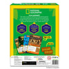 Back view of the “Guess in 10: Amazing Animals” box showing how to play in three steps: read buzzwords, ask up to ten questions, and guess the animal. Sample animal cards are displayed alongside icons indicating 50 game cards and 6 clue cards. Safety warnings, certifications, and National Geographic branding appear along the bottom.