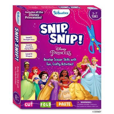 Front view of the Skillmatics Snip, Snip! Disney Princess activity kit for ages 3–7 years. The box displays the Snip, Snip! title, Disney Princess branding, and illustrations of multiple princess characters along the bottom. Side labels explain three learning levels for straight lines, curved and zigzag lines, and shapes. Icons at the base show Cut, Fold, and Paste, along with a choking hazard warning.