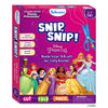 Front view of the Skillmatics Snip, Snip! Disney Princess activity kit for ages 3–7 years. The box displays the Snip, Snip! title, Disney Princess branding, and illustrations of multiple princess characters along the bottom. Side labels explain three learning levels for straight lines, curved and zigzag lines, and shapes. Icons at the base show Cut, Fold, and Paste, along with a choking hazard warning.