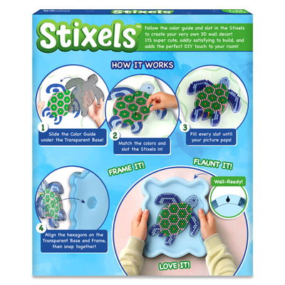 Back packaging of the Skillmatics Stixels Sea Turtle craft kit showing illustrated step-by-step instructions. Visuals demonstrate placing the color guide under the transparent base, matching and inserting Stixels, filling the design, attaching the frame, and displaying the completed 3D wall decor.