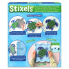 Back packaging of the Skillmatics Stixels Sea Turtle craft kit showing illustrated step-by-step instructions. Visuals demonstrate placing the color guide under the transparent base, matching and inserting Stixels, filling the design, attaching the frame, and displaying the completed 3D wall decor.