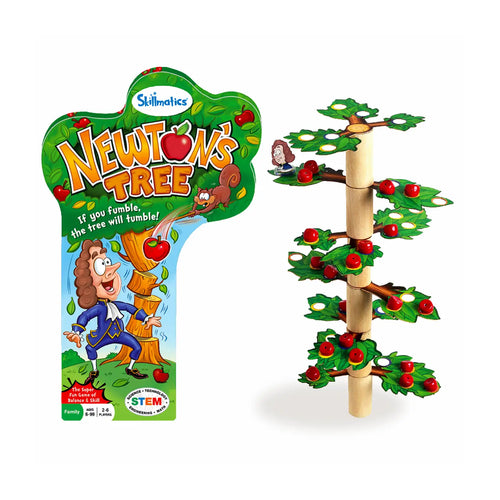 Image of Newtons Tree STEM toy for ages 6+ featuring a tree-shaped game board with apples and Isaac Newton character
