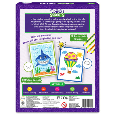 Back of the Skillmatics Picture Sprouts box showing product information, example drawings created from simple shapes, a set of 12 retractable crayons, key skill icons for creative thinking, observation, spatial reasoning, decision making, and fine motor skills, plus product details, barcode, and safety symbols.