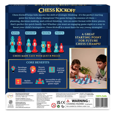 Back-of-box layout for Chess Kickoff showing product description text, labeled chess pieces including King, Bishop, Rook, and Pawn, and the message “Chess Made Easy with Just 8 Pieces.” A photo shows two children playing on a compact board. Icons highlight core benefits like strategic thinking, confidence, and family game night accessibility, along with safety and manufacturing details.