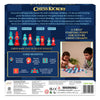 Back-of-box layout for Chess Kickoff showing product description text, labeled chess pieces including King, Bishop, Rook, and Pawn, and the message “Chess Made Easy with Just 8 Pieces.” A photo shows two children playing on a compact board. Icons highlight core benefits like strategic thinking, confidence, and family game night accessibility, along with safety and manufacturing details.