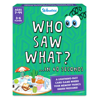 Front view of the Skillmatics game box titled “WHO SAW WHAT? …IN 60 SECONDS” set against a green patterned background. A purple badge on the left reads “Ages 7–99” and “3–6 Players". At the bottom, a round table illustration shows everyday objects like toast, milk, cups, iron, cactus, croissant, and utensils. A purple callout reads “A lightning-fast card game where your memory panics under pressure!”