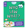 Front view of the Skillmatics game box titled “WHO SAW WHAT? …IN 60 SECONDS” set against a green patterned background. A purple badge on the left reads “Ages 7–99” and “3–6 Players